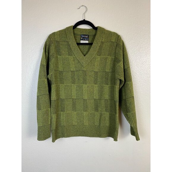 Vintage Towncraft Plus Shetland Wool Green V-Neck Sweater size Medium Knit - Picture 1 of 13